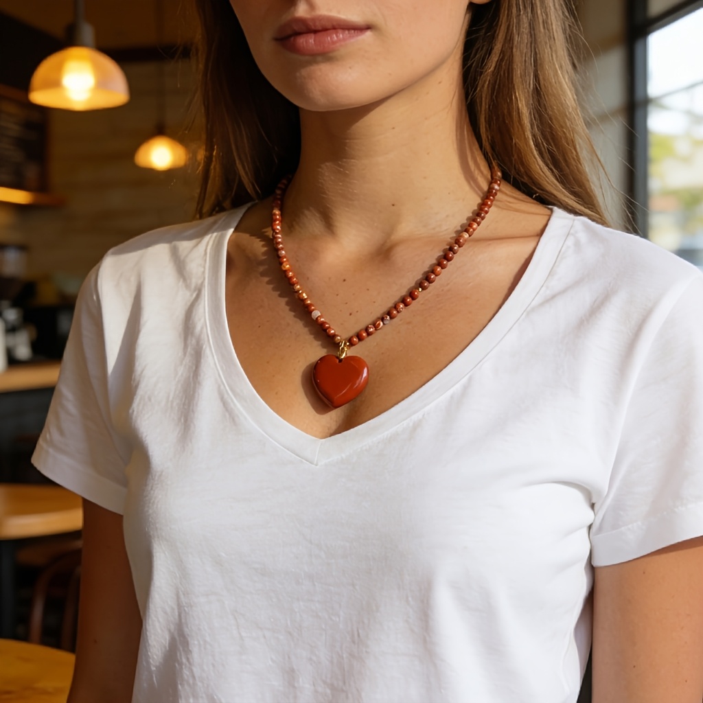 Natural Red Stone Heart Pendant Beaded Necklace, Vintage Style